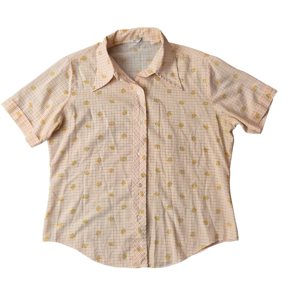 Vintage Miss Holly Orange Grid Floral Button Down Shirt 70s Short Sleeve Blouse